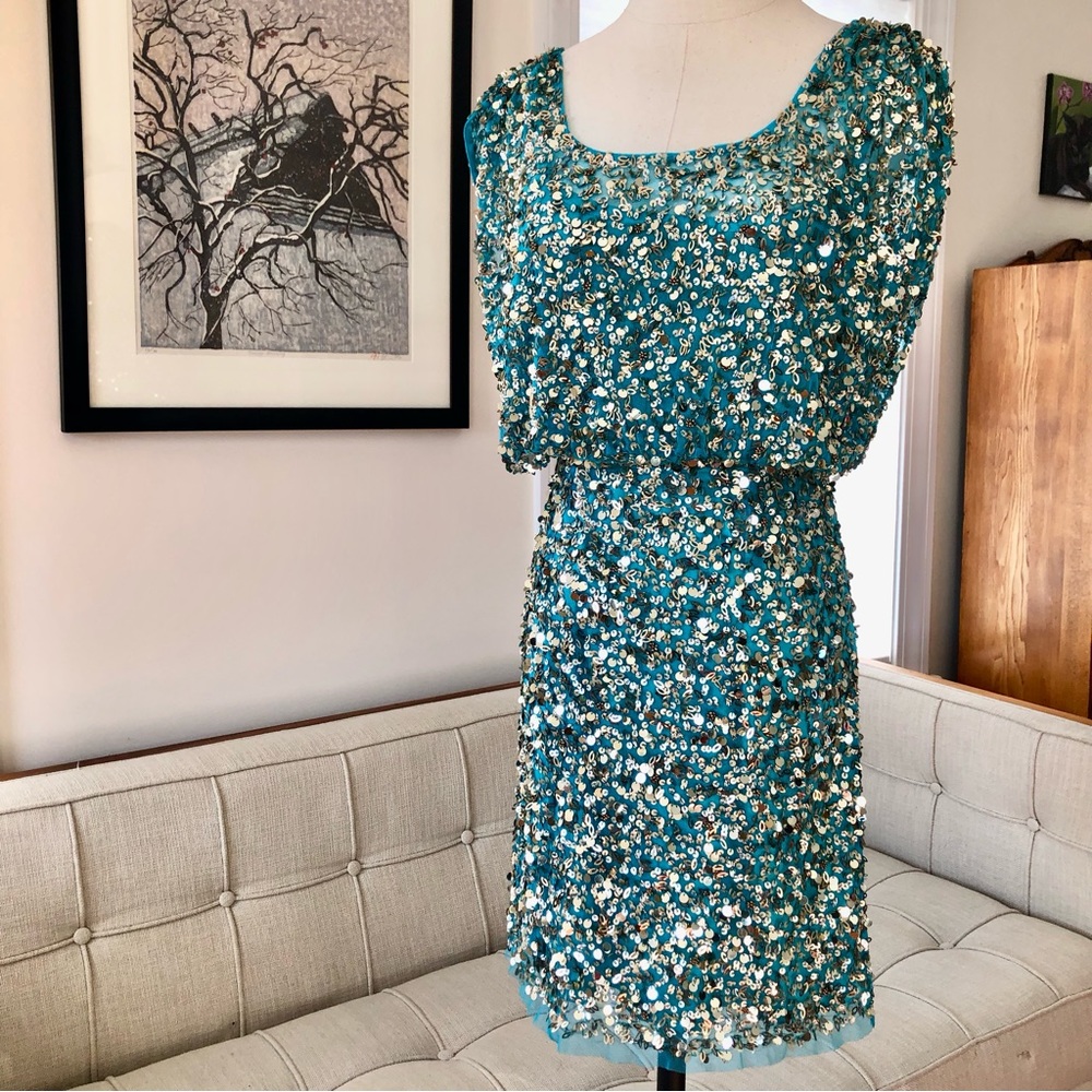 Aidan Mattox Teal Cocktail Dress with Gold Sequins - Picture 9 of 13